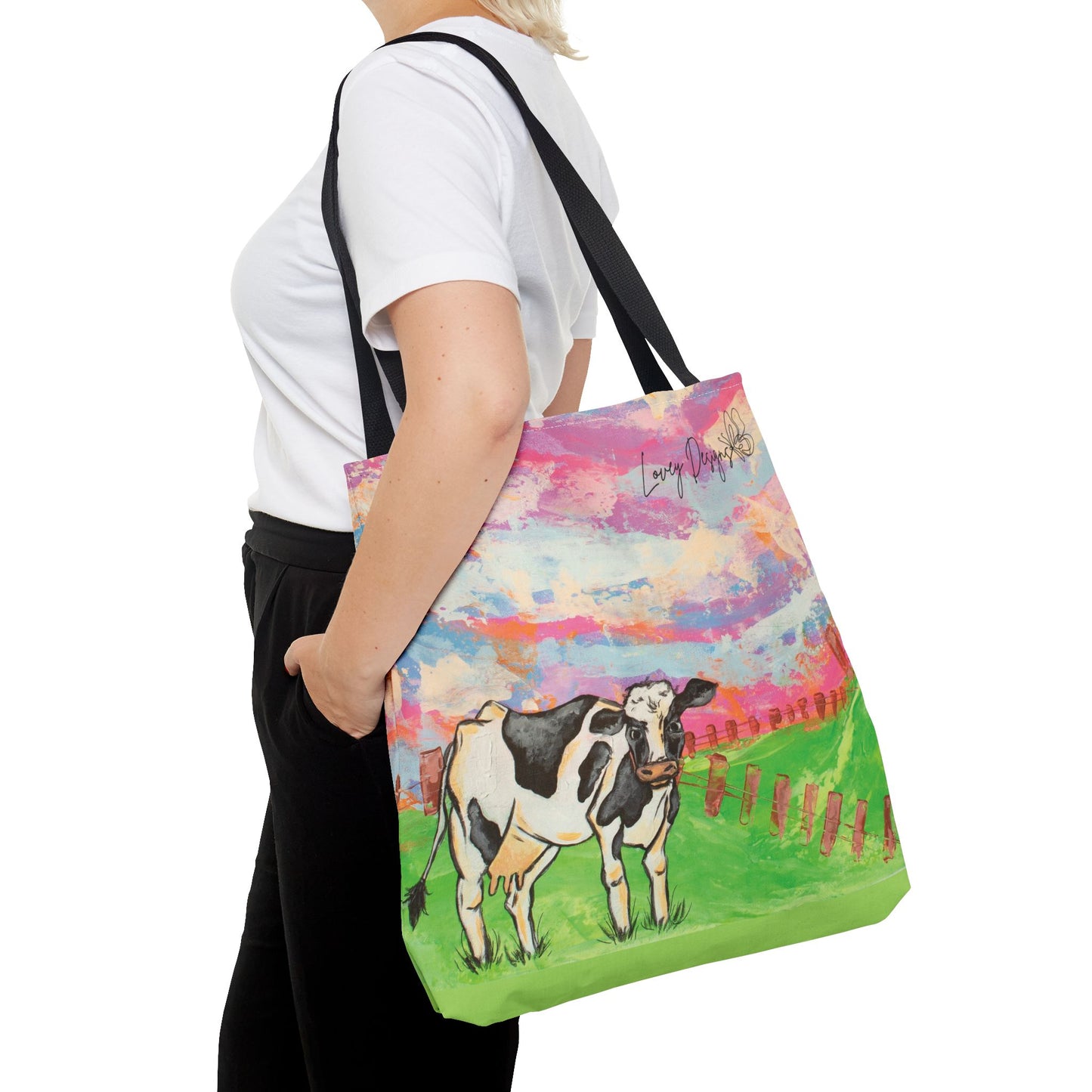 Cow Art Tote Bag — 'Love, Days' Pastel Farm Illustration