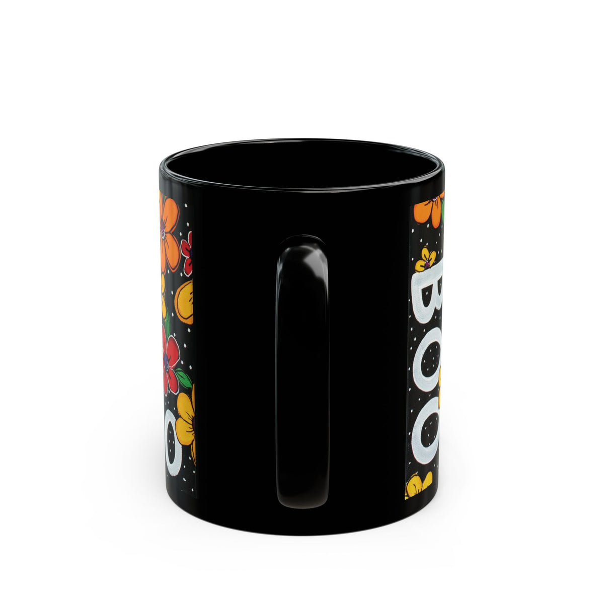 Whimsical Halloween Mug, Black Ghost Mug, Floral Boo Mug, Cute Halloween Gift, Spooky Coffee Cup - "Haunted Garden"
