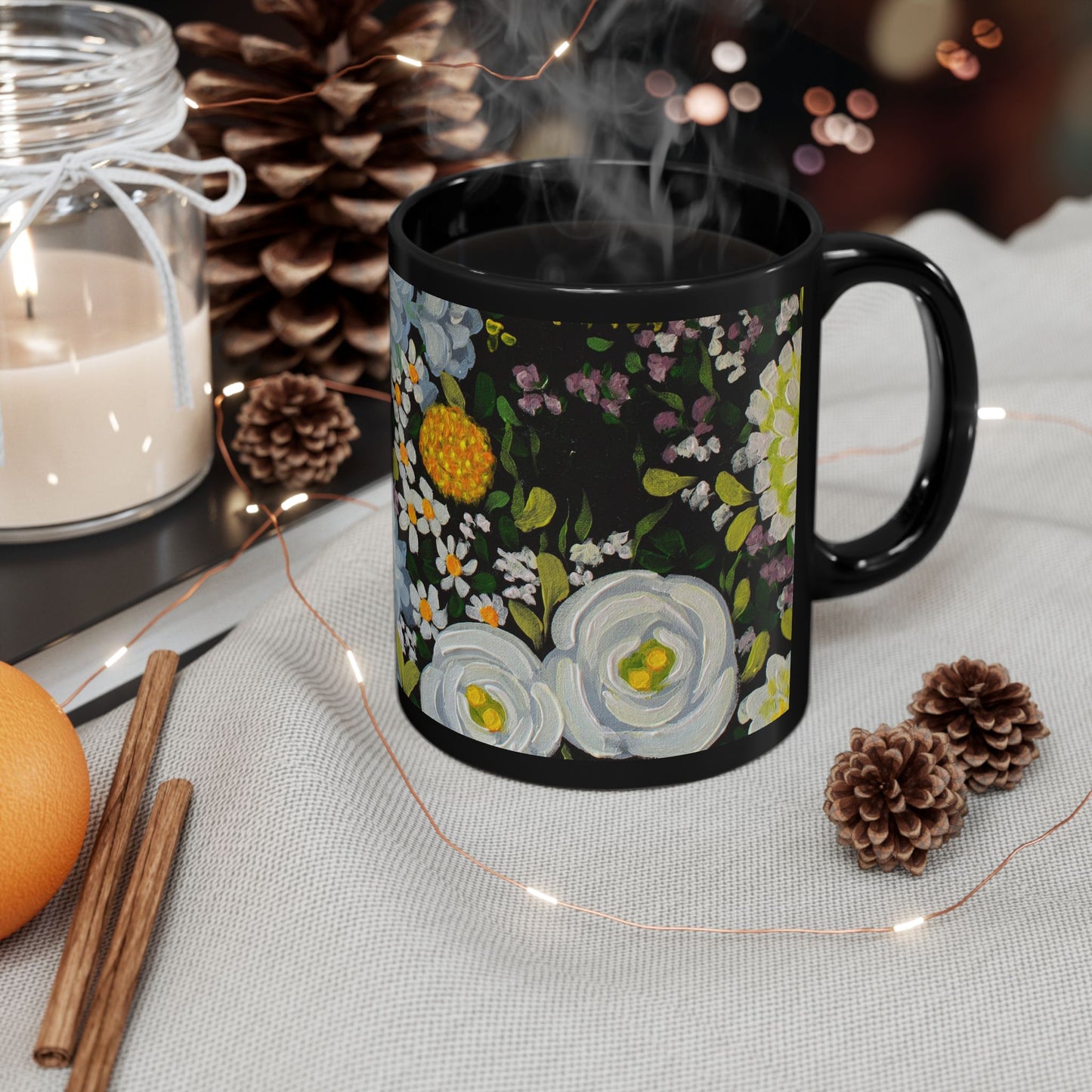 Floral Midnight Garden Black Mug — White & Yellow Blossom Coffee Cup (11oz/15oz)