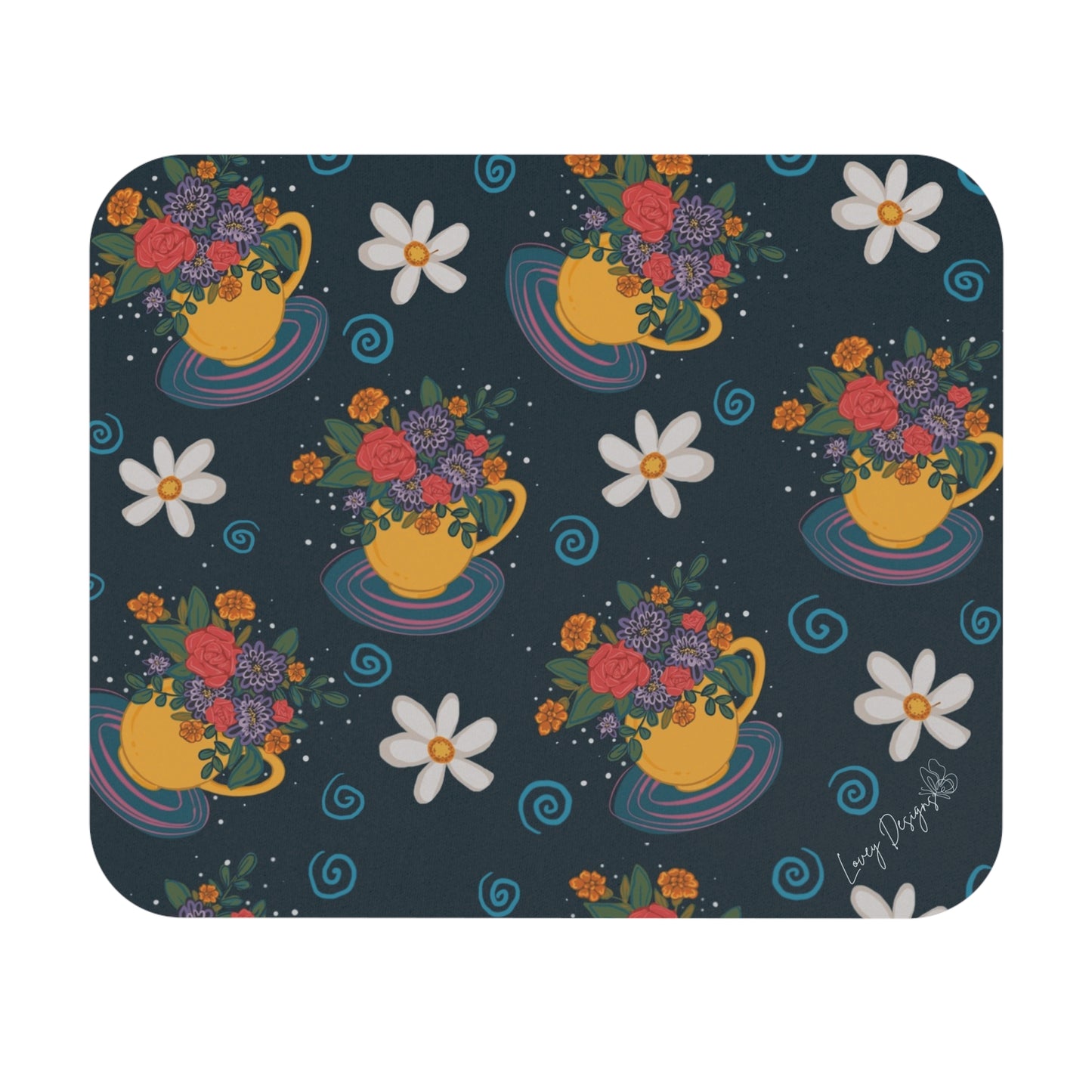 Floral Teacup Mouse Pad — Navy Garden Pattern