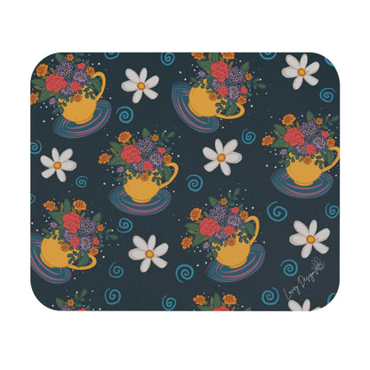 Floral Teacup Mouse Pad — Navy Garden Pattern