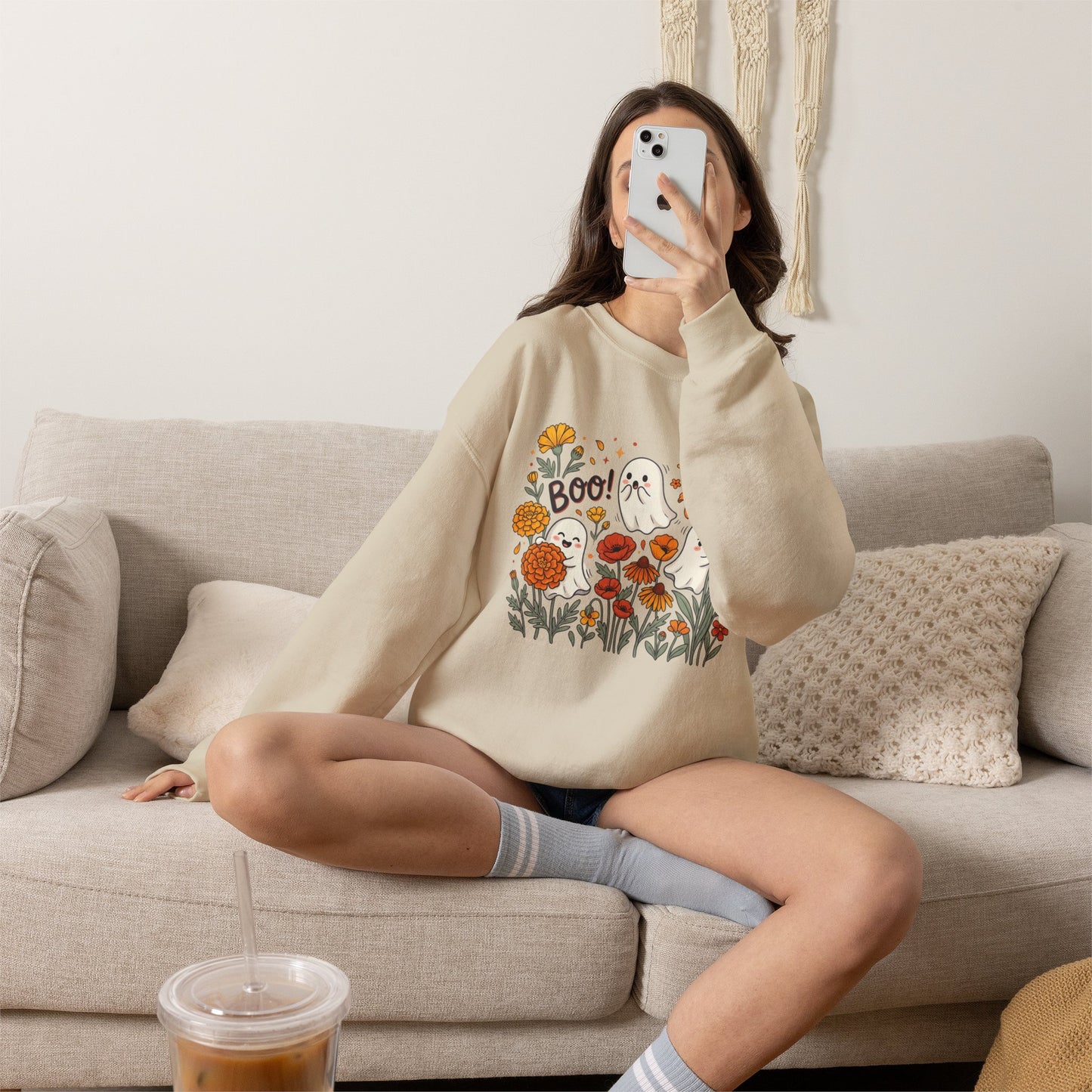 Halloween Ghosts Floral Sweatshirt — 'Boo!' Autumn Crewneck