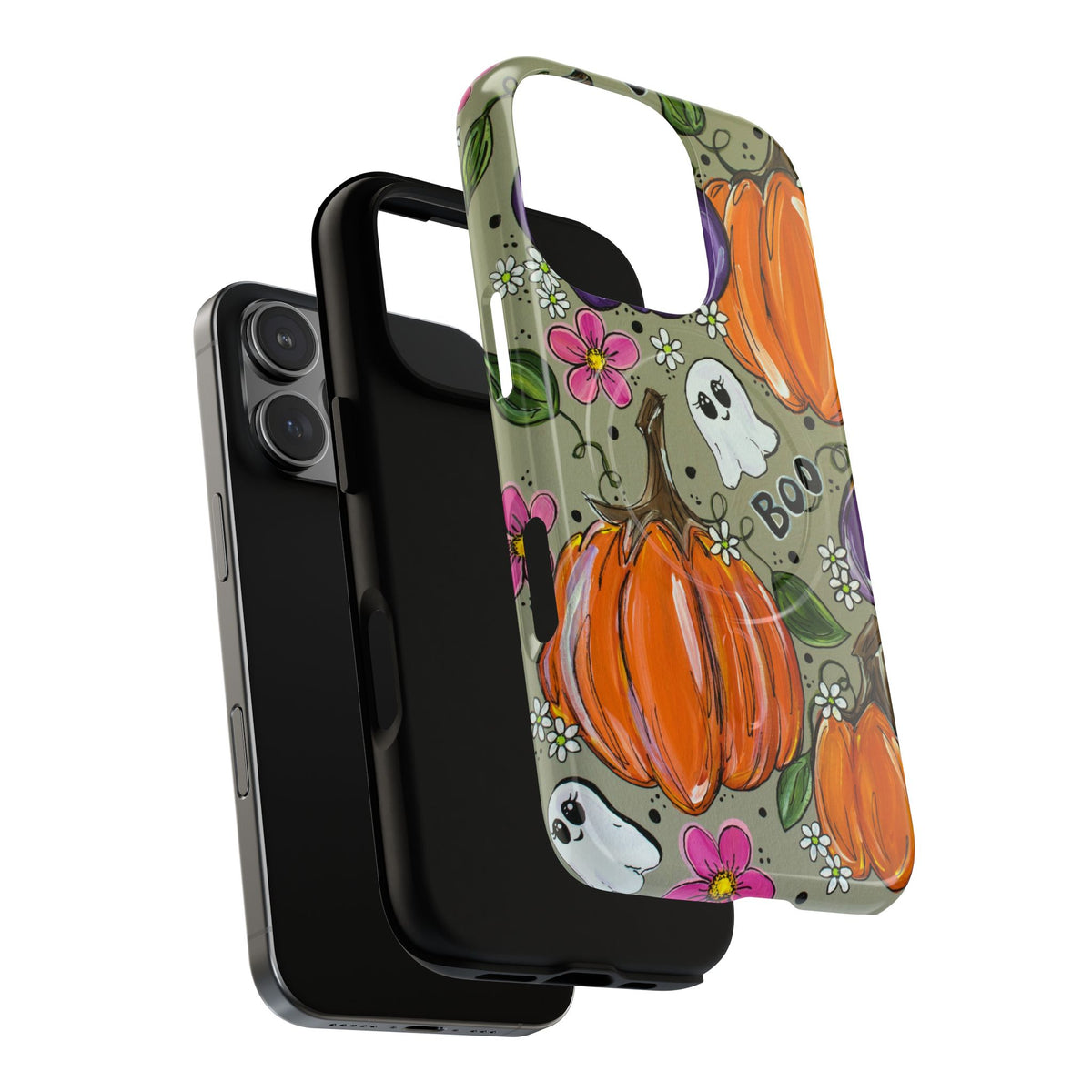 Halloween Pumpkin Ghost Tough Magnetic Phone Case — 'Boo' Fall Floral iPhone Cover