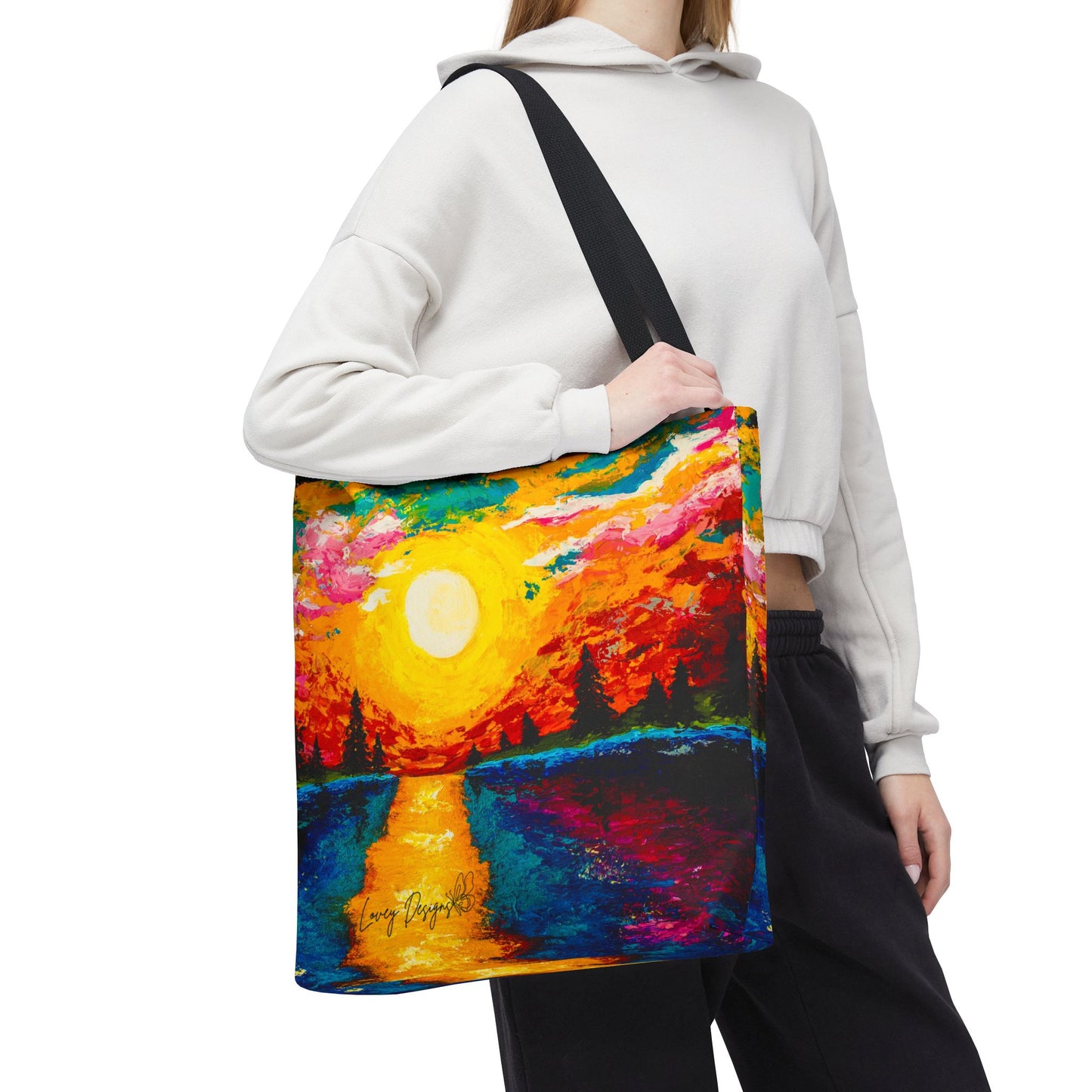 Sunset Lake Tote Bag – Vibrant Hand-Painted Sunset Canvas Carryall