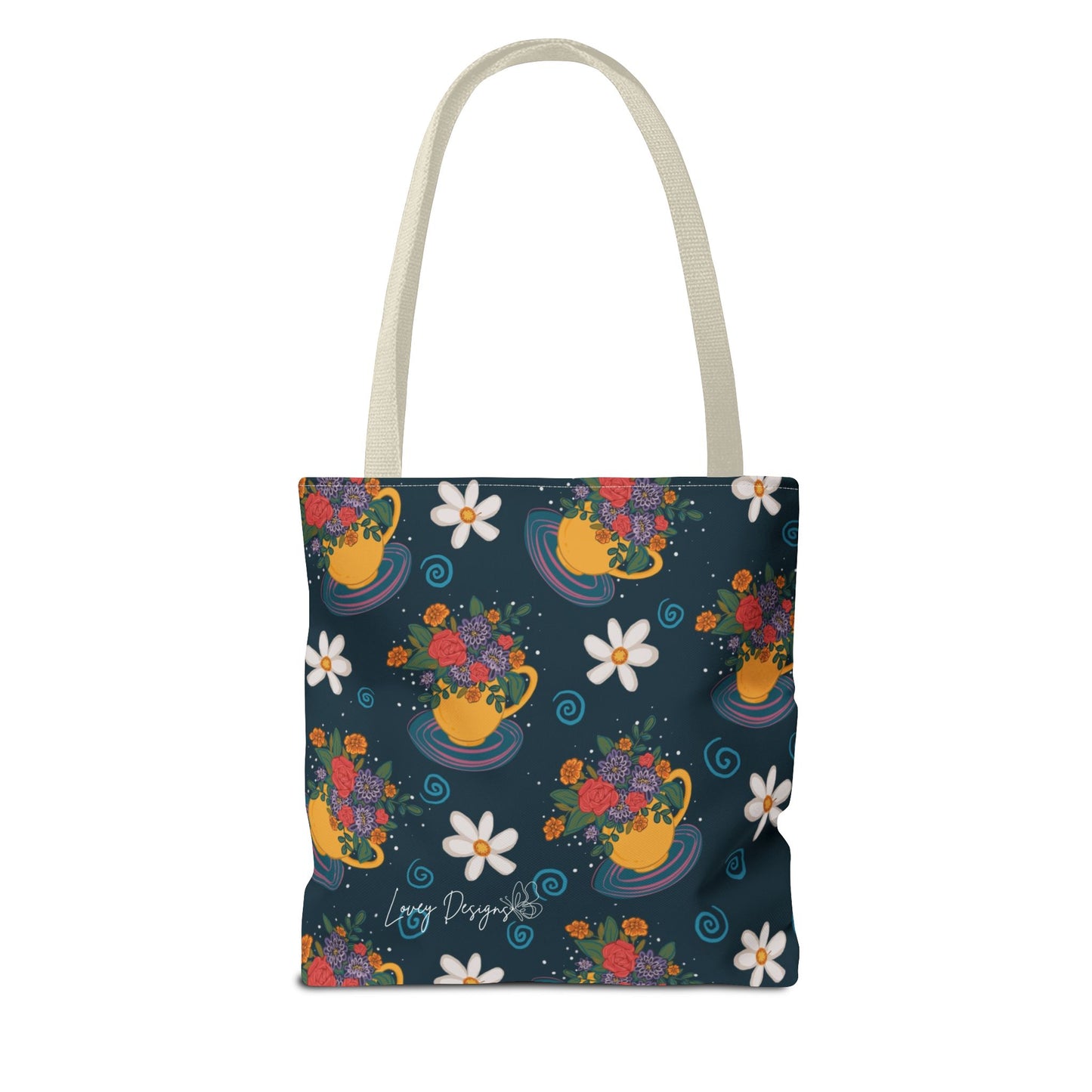 Floral Teacup Pattern Tote Bag – Vintage Daisies & Bouquet All-Over Print
