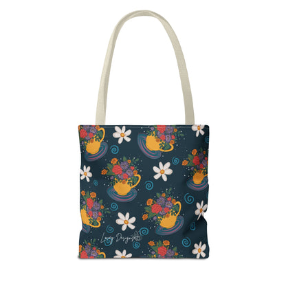 Floral Teacup Pattern Tote Bag – Vintage Daisies & Bouquet All-Over Print