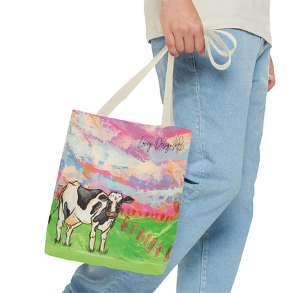 Cow Art Tote Bag — 'Love, Days' Pastel Farm Illustration