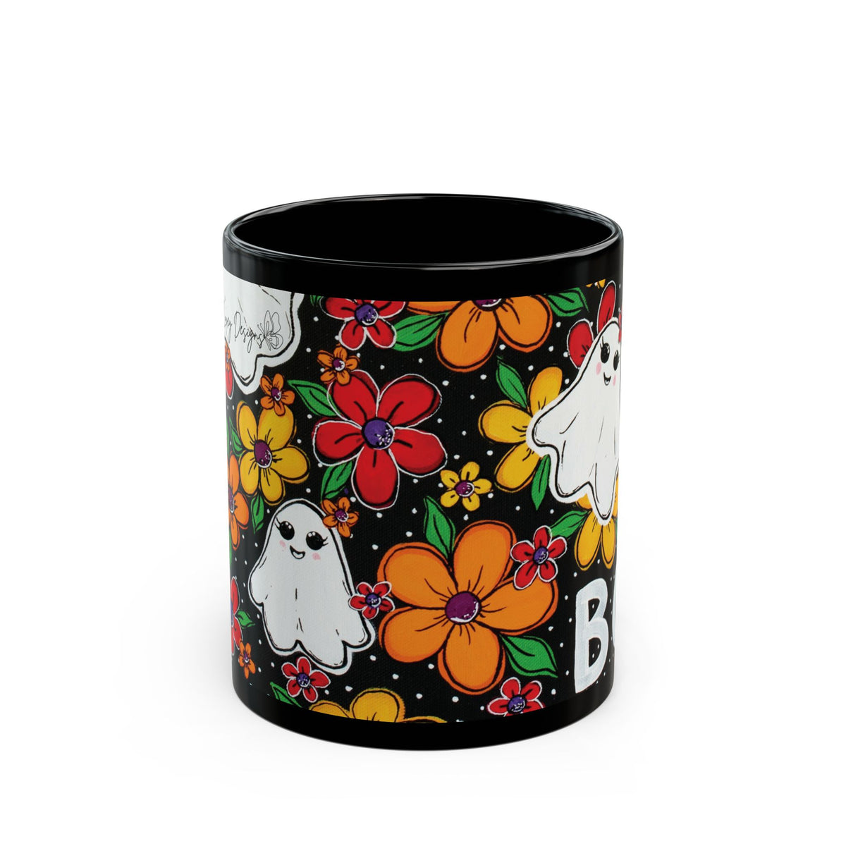 Whimsical Halloween Mug, Black Ghost Mug, Floral Boo Mug, Cute Halloween Gift, Spooky Coffee Cup - "Haunted Garden"