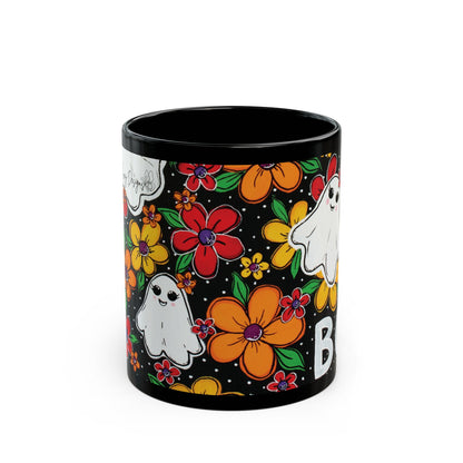 Whimsical Halloween Mug, Black Ghost Mug, Floral Boo Mug, Cute Halloween Gift, Spooky Coffee Cup - "Haunted Garden"