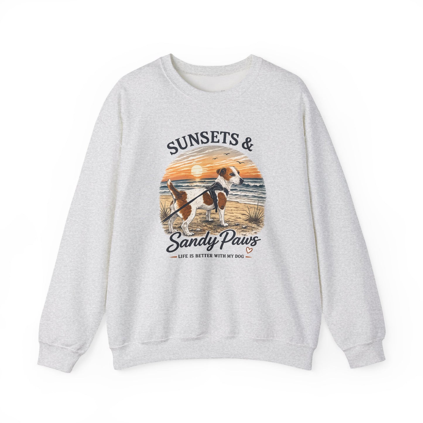 Sunsets & Sandy Paws Crewneck Sweatshirt – Beach Dog Graphic