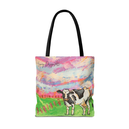 Cow Art Tote Bag — 'Love, Days' Pastel Farm Illustration