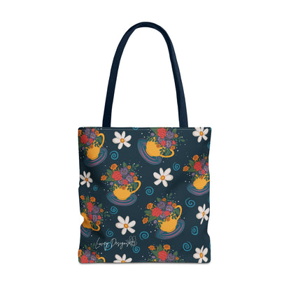 Floral Teacup Pattern Tote Bag – Vintage Daisies & Bouquet All-Over Print