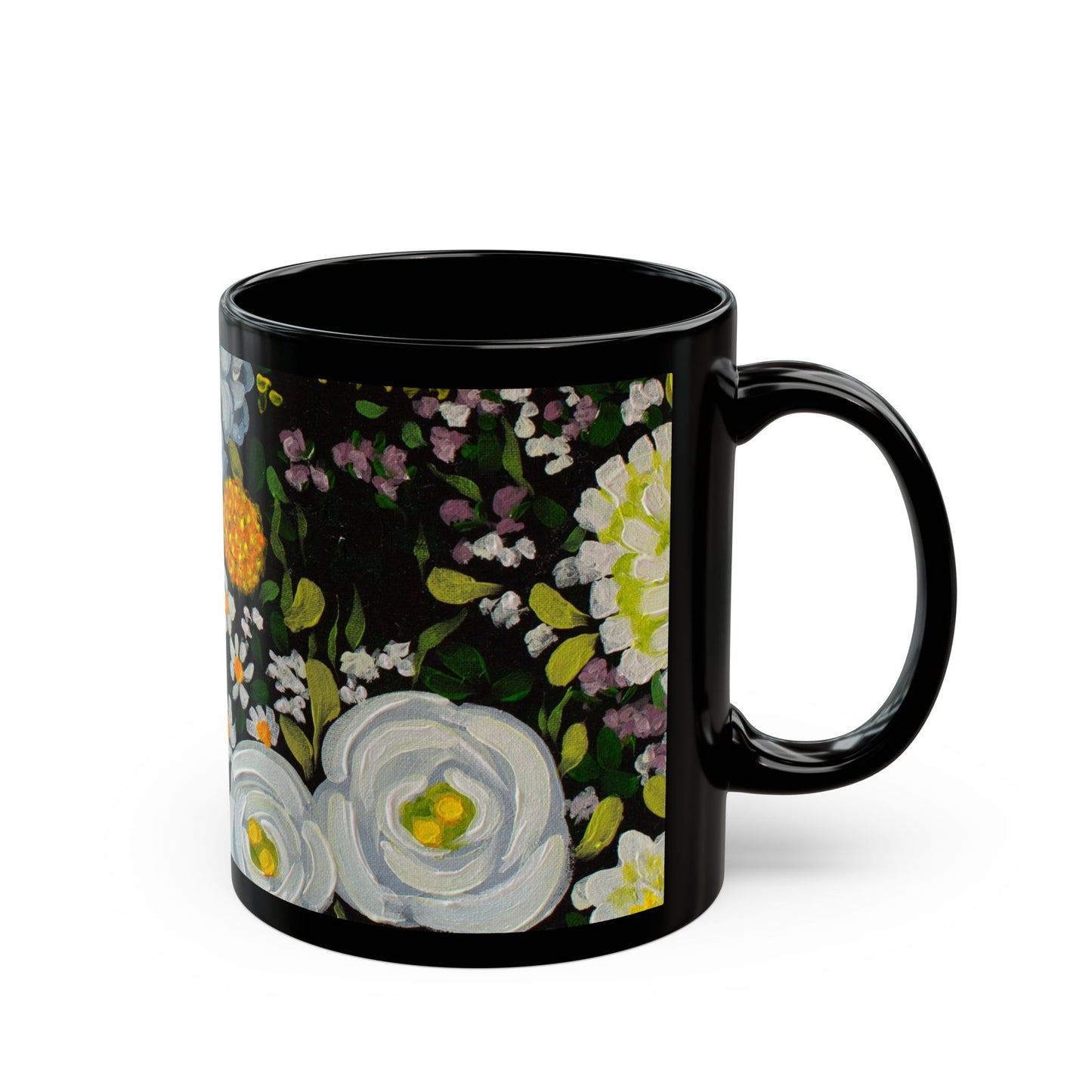 Floral Midnight Garden Black Mug — White & Yellow Blossom Coffee Cup (11oz/15oz)