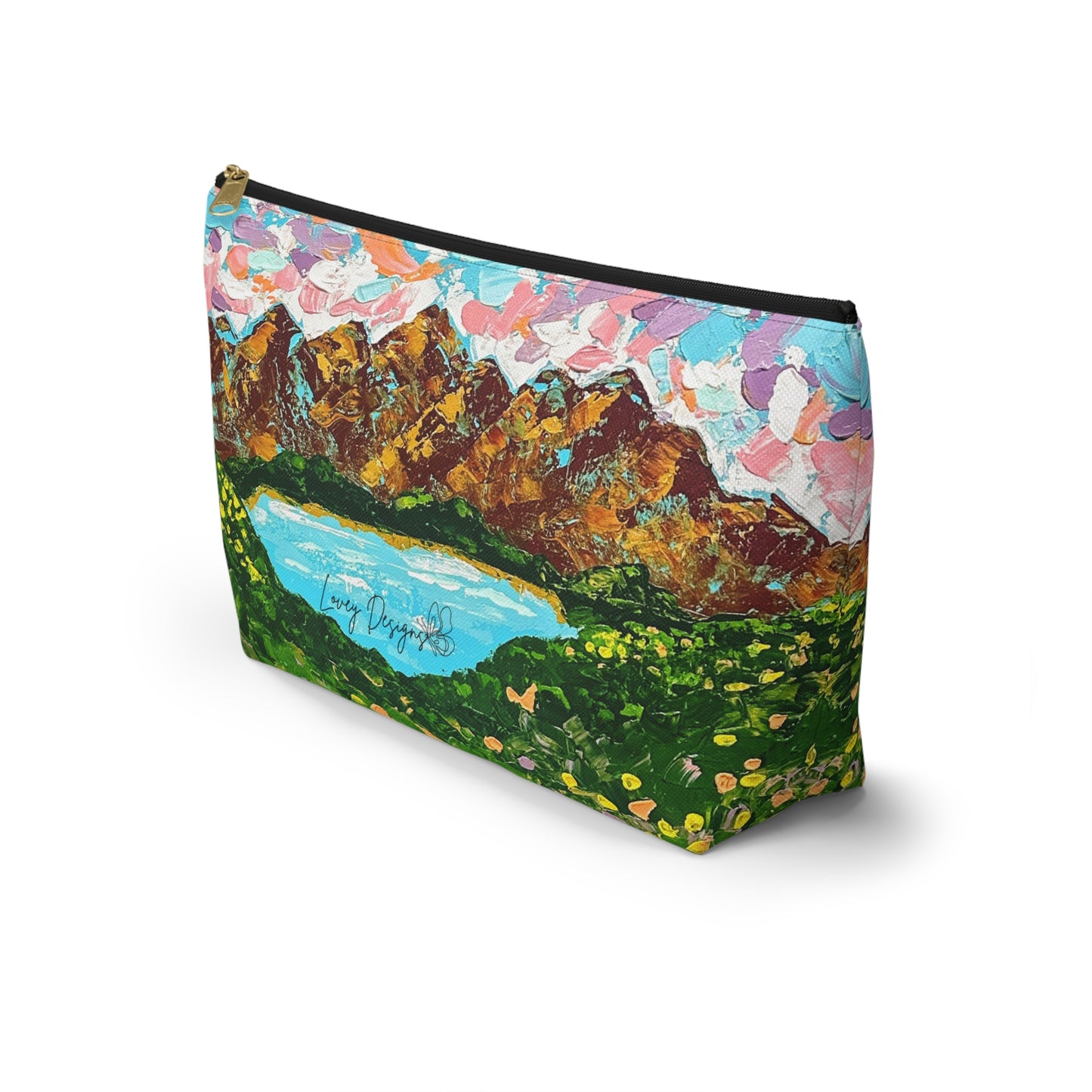 Faith Moves Mountains Accessory Pouch — Floral Landscape T-Bottom Makeup Bag