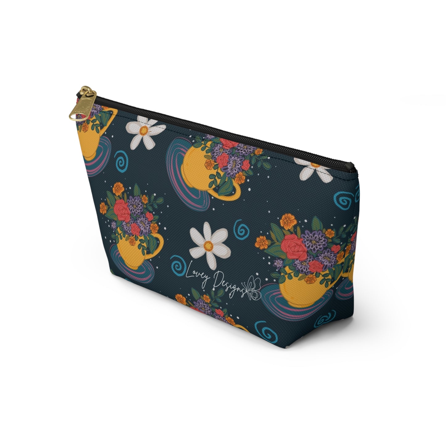 Floral Teacup Accessory Pouch — Zippered Makeup Bag with T‑Bottom