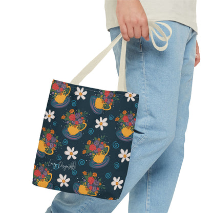 Floral Teacup Pattern Tote Bag – Vintage Daisies & Bouquet All-Over Print