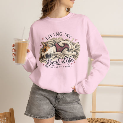 Crewneck Sweatshirt — "Living My Best Life" Cozy Dog Nap Graphic