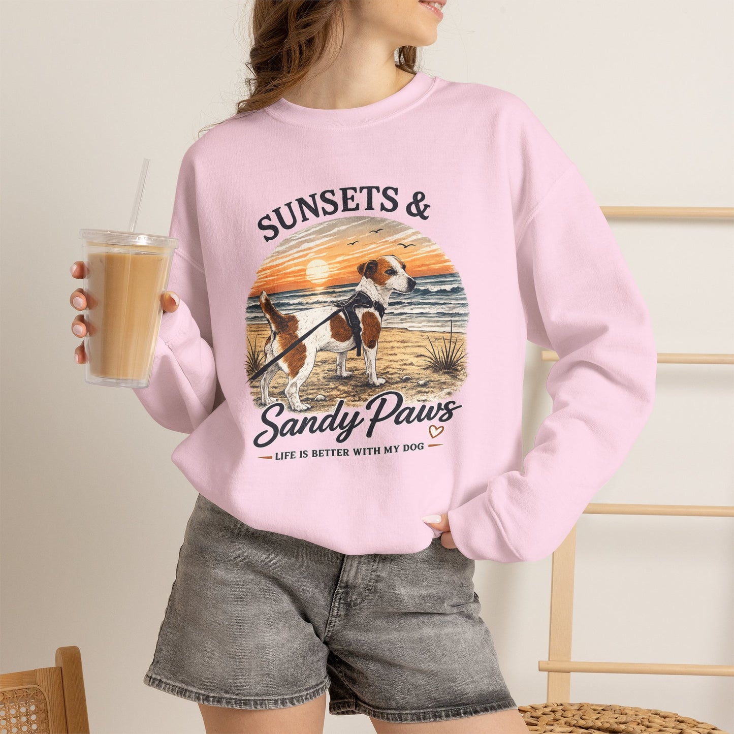 Sunsets & Sandy Paws Crewneck Sweatshirt – Beach Dog Graphic