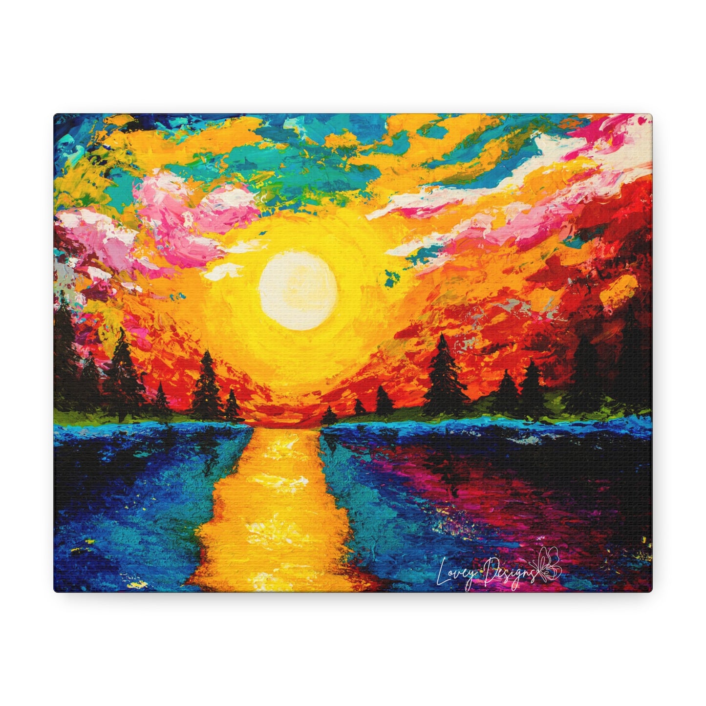 Sunset Lake Canvas Wall Art — Vibrant Abstract Landscape on Matte Stretched Canvas