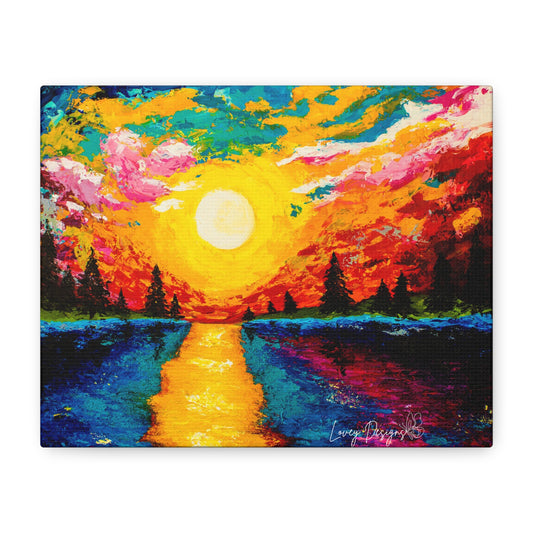 Sunset Lake Canvas Wall Art — Vibrant Abstract Landscape on Matte Stretched Canvas