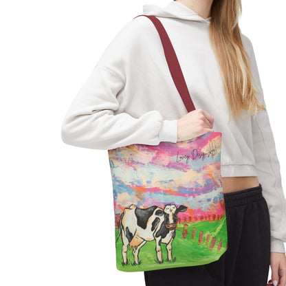 Cow Art Tote Bag — 'Love, Days' Pastel Farm Illustration