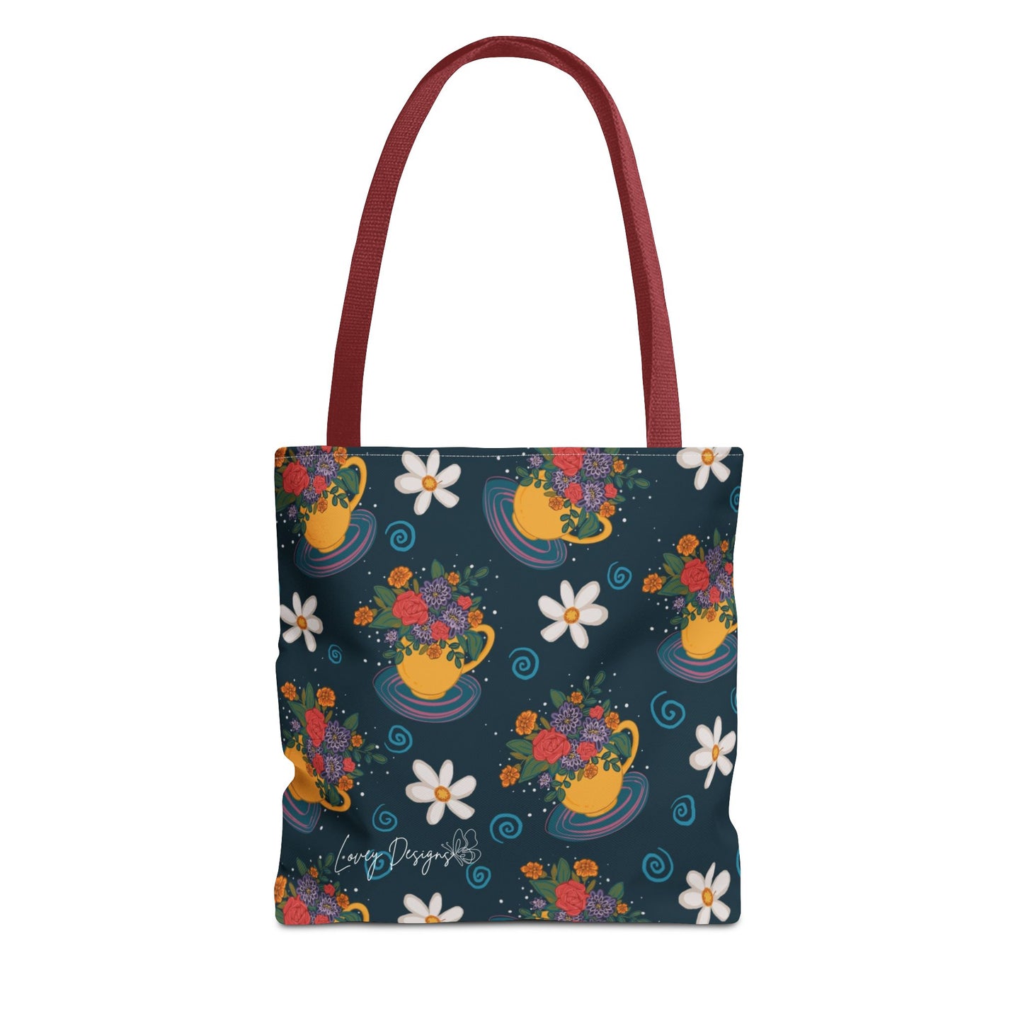 Floral Teacup Pattern Tote Bag – Vintage Daisies & Bouquet All-Over Print