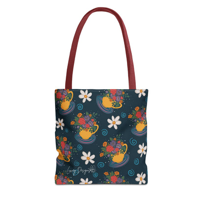 Floral Teacup Pattern Tote Bag – Vintage Daisies & Bouquet All-Over Print