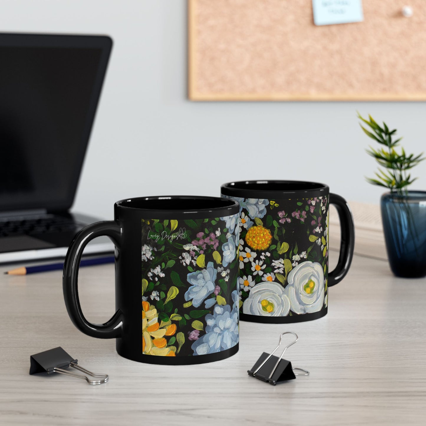 Floral Midnight Garden Black Mug — White & Yellow Blossom Coffee Cup (11oz/15oz)