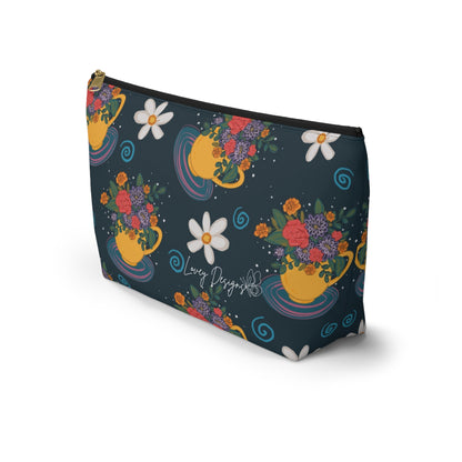 Floral Teacup Accessory Pouch — Zippered Makeup Bag with T‑Bottom