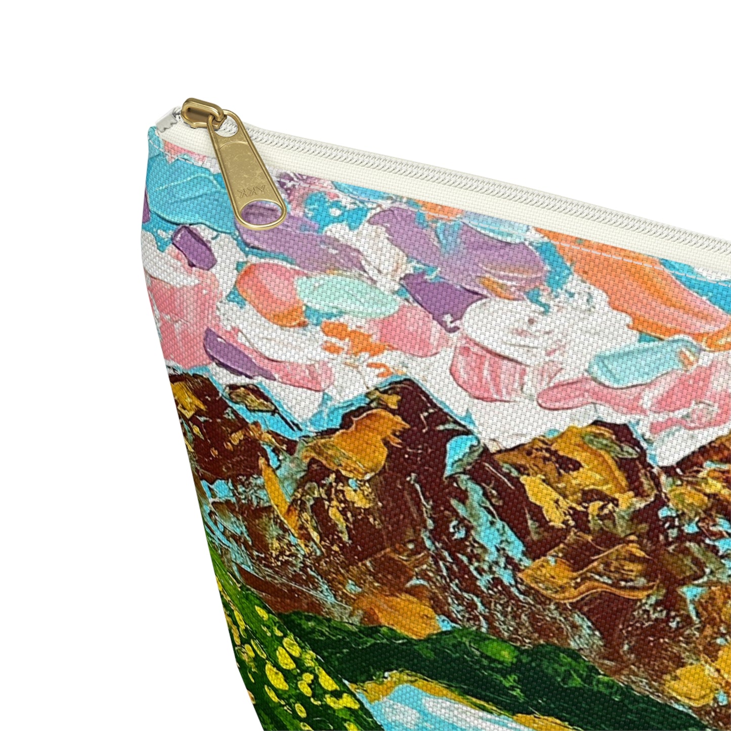 Faith Moves Mountains Accessory Pouch — Floral Landscape T-Bottom Makeup Bag