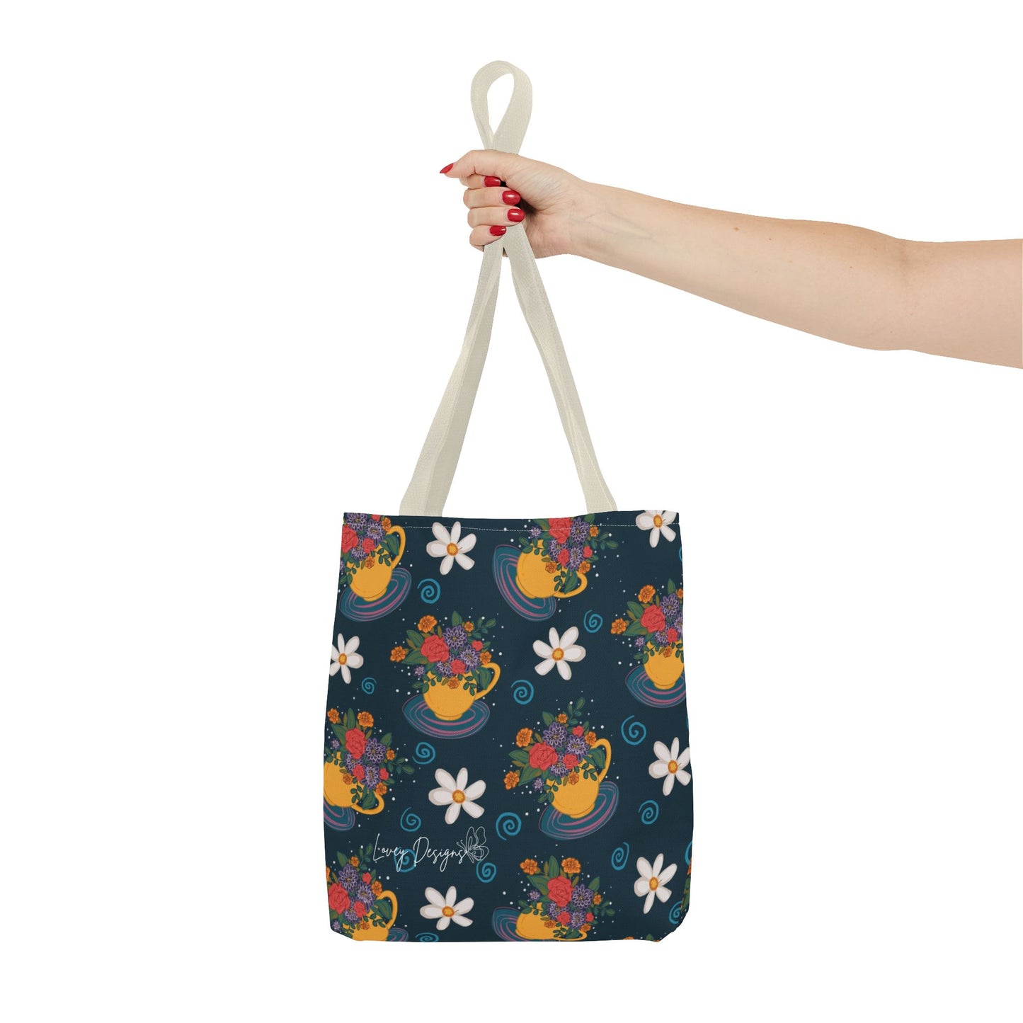 Floral Teacup Pattern Tote Bag – Vintage Daisies & Bouquet All-Over Print