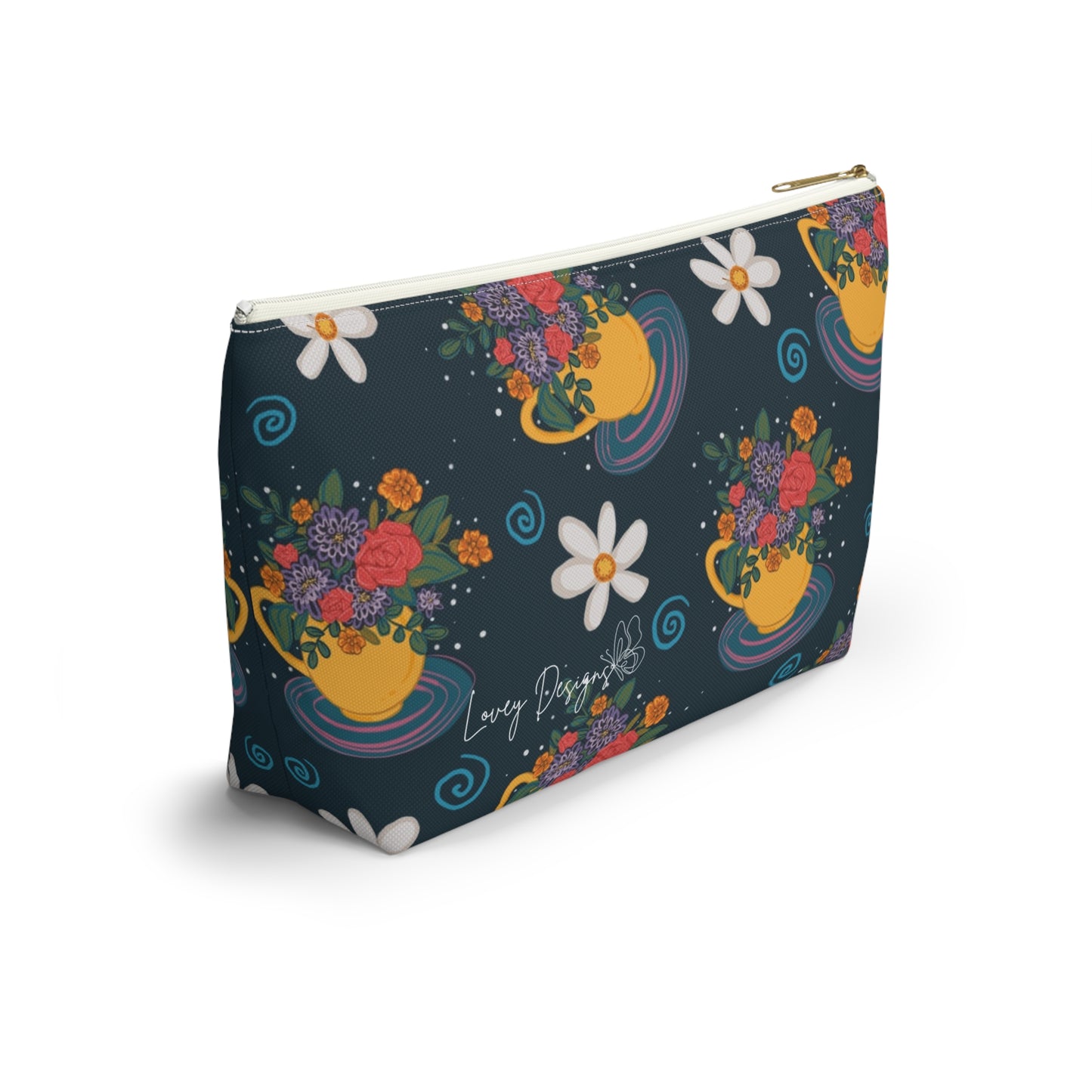 Floral Teacup Accessory Pouch — Zippered Makeup Bag with T‑Bottom