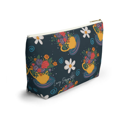Floral Teacup Accessory Pouch — Zippered Makeup Bag with T‑Bottom