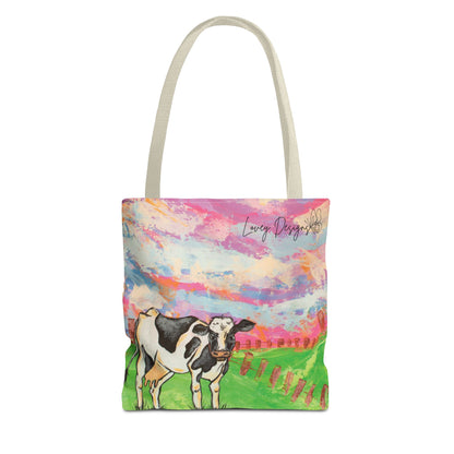 Cow Art Tote Bag — 'Love, Days' Pastel Farm Illustration