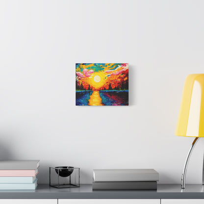 Sunset Lake Canvas Wall Art — Vibrant Abstract Landscape on Matte Stretched Canvas