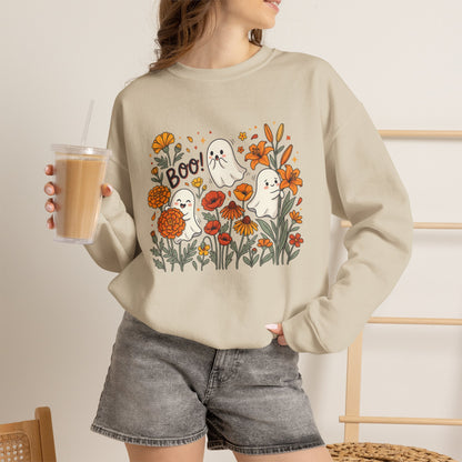 Halloween Ghosts Floral Sweatshirt — 'Boo!' Autumn Crewneck