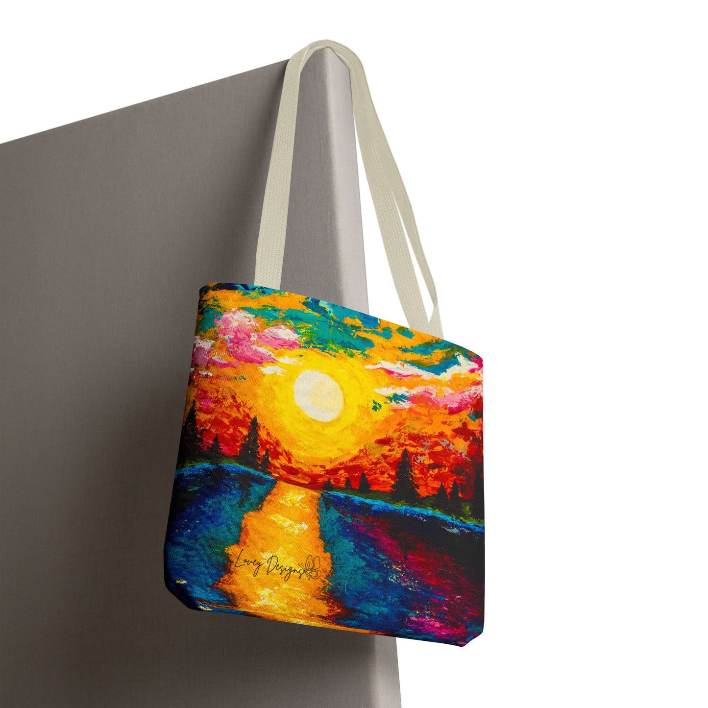 Sunset Lake Tote Bag – Vibrant Hand-Painted Sunset Canvas Carryall