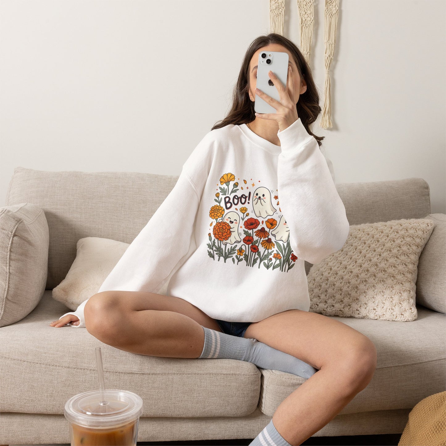Halloween Ghosts Floral Sweatshirt — 'Boo!' Autumn Crewneck