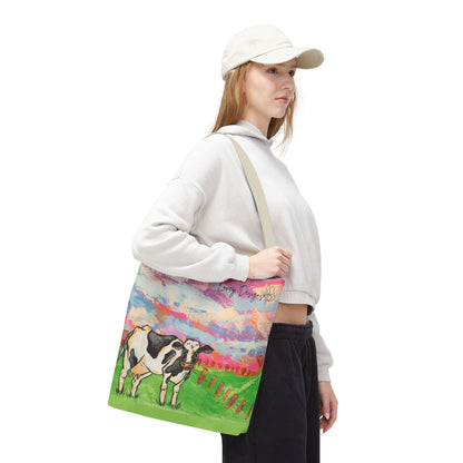 Cow Art Tote Bag — 'Love, Days' Pastel Farm Illustration