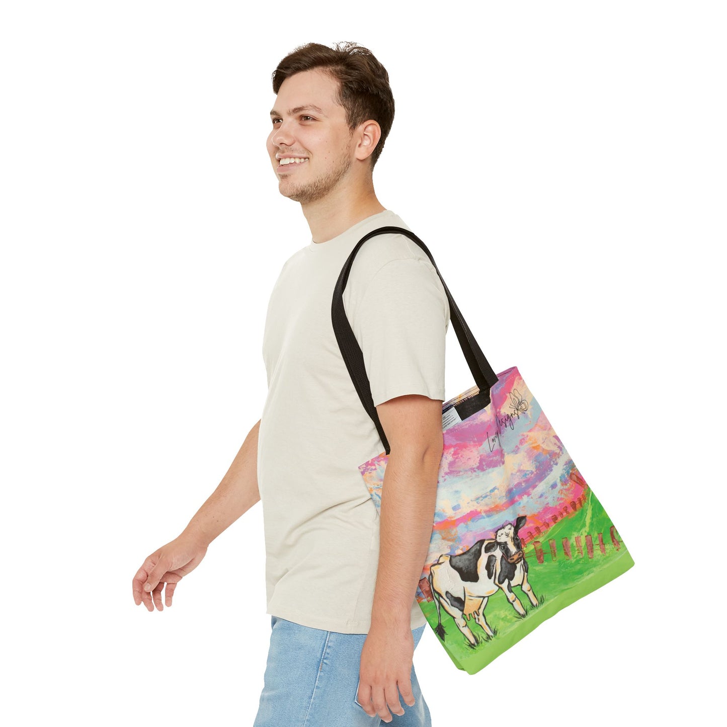 Cow Art Tote Bag — 'Love, Days' Pastel Farm Illustration