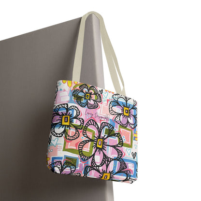 Floral Pop Art Tote Bag — Colorful Hand-Drawn Flowers AOP