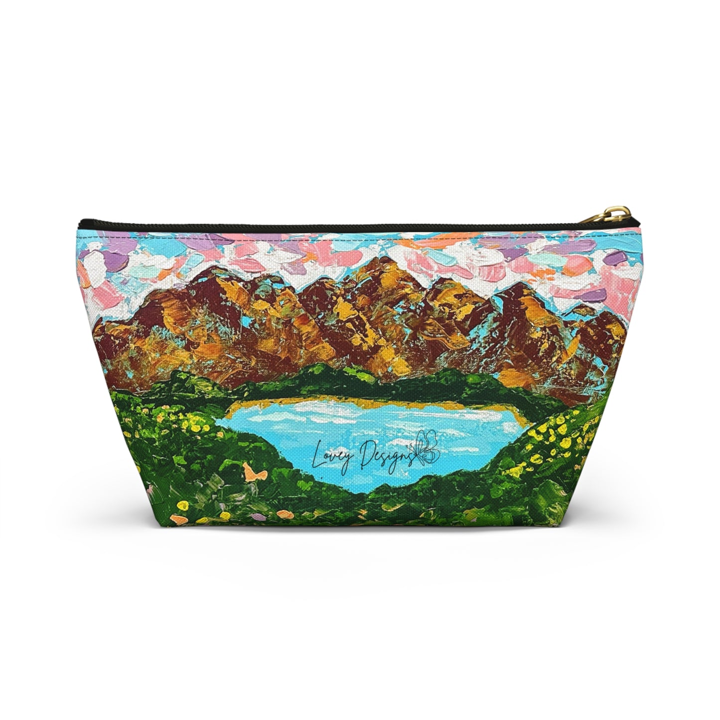 Faith Moves Mountains Accessory Pouch — Floral Landscape T-Bottom Makeup Bag