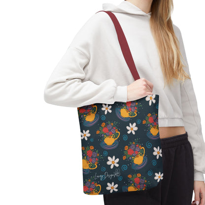 Floral Teacup Pattern Tote Bag – Vintage Daisies & Bouquet All-Over Print