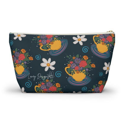 Floral Teacup Accessory Pouch — Zippered Makeup Bag with T‑Bottom
