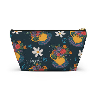 Floral Teacup Accessory Pouch — Zippered Makeup Bag with T‑Bottom