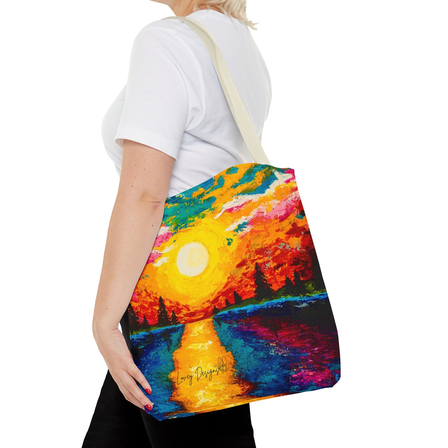 Sunset Lake Tote Bag – Vibrant Hand-Painted Sunset Canvas Carryall
