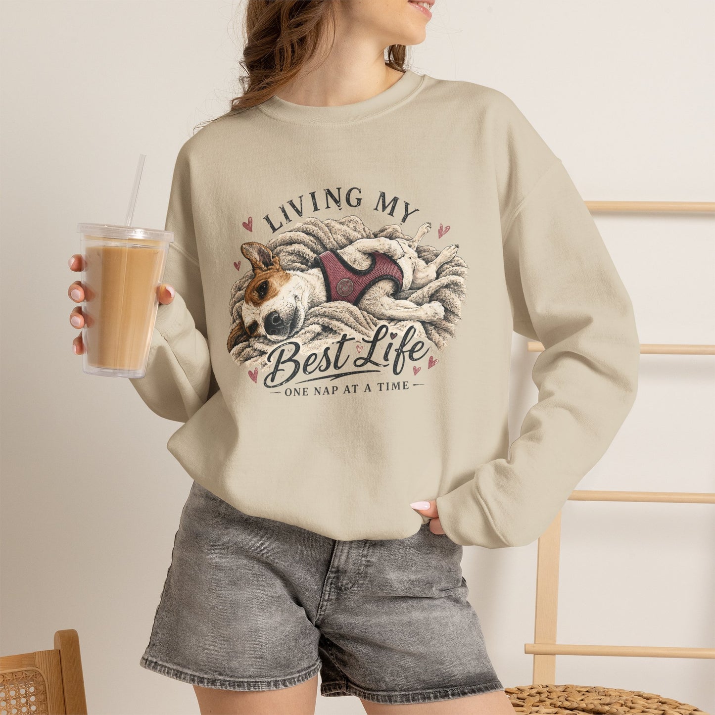 Crewneck Sweatshirt — "Living My Best Life" Cozy Dog Nap Graphic