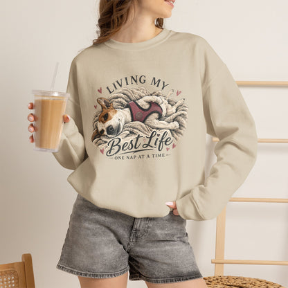 Crewneck Sweatshirt — "Living My Best Life" Cozy Dog Nap Graphic