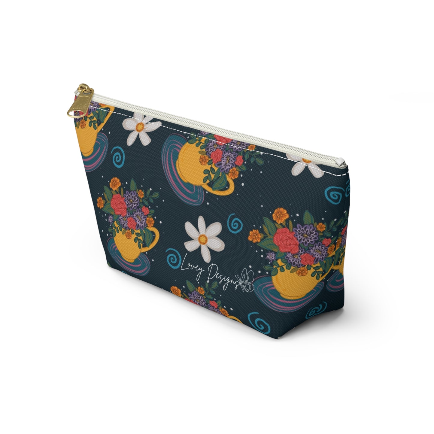 Floral Teacup Accessory Pouch — Zippered Makeup Bag with T‑Bottom