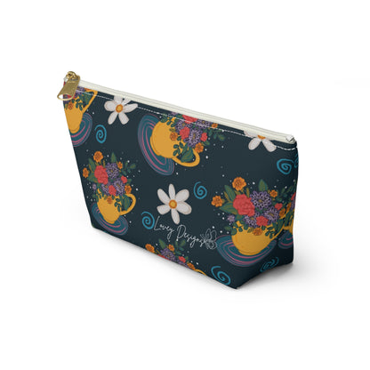 Floral Teacup Accessory Pouch — Zippered Makeup Bag with T‑Bottom